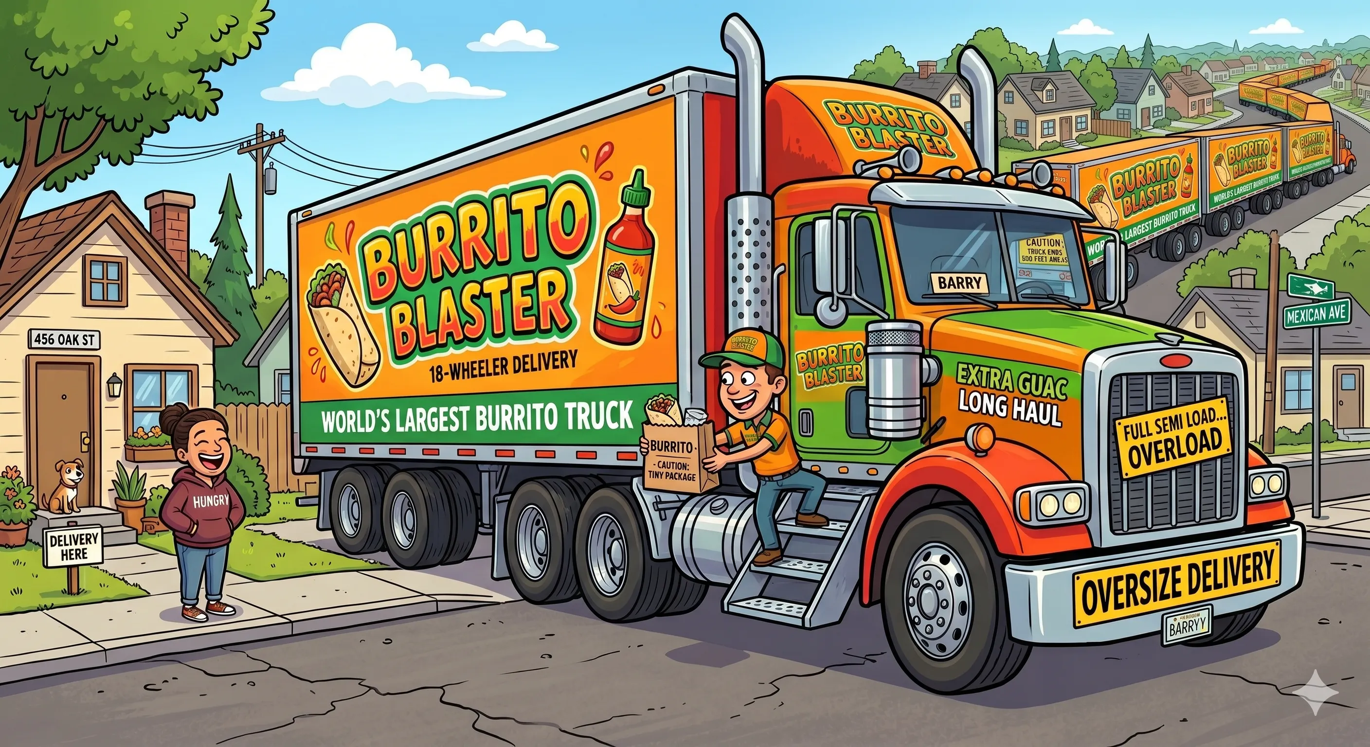 Burrito Blaster 16-wheeler delivery truck delivering a small burrito box to a house