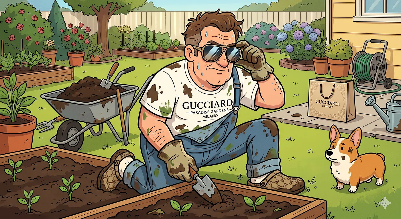 Man wearing sunglasses and a dirty premium designer t-shirt gardening in his backyard with a corgi