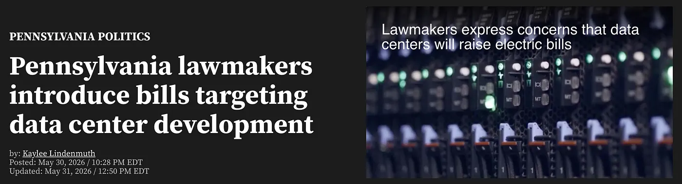 News headline: Pennsylvania lawmakers introduce bills targeting data center development